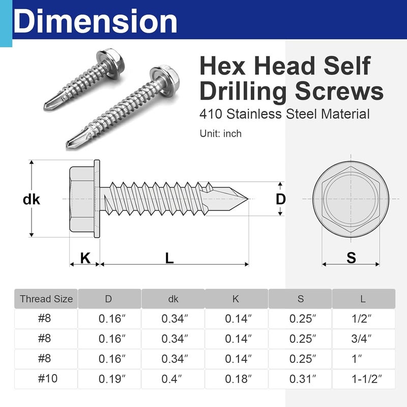 Usdrwam 150Pcs Self Tapping Screws for Metal, #8×1/2", #8×3/4", #8×1", #10×1-1/2" 410 Stainless Steel Hex Washer Head Sheet Metal Screw - Image 2
